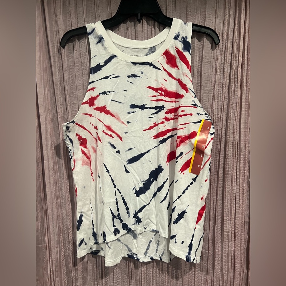 Grayson Threads White and Red Asymmetrical Crop Muscle Tee